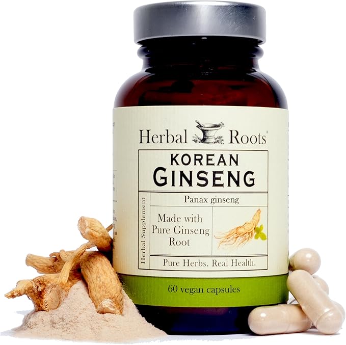 Herbal Roots Panax Ginseng | Organic Korean Ginseng Root Powder | 1000mg | High Ginsenosides for Energy &amp Performance | 60 Vegan Capsules