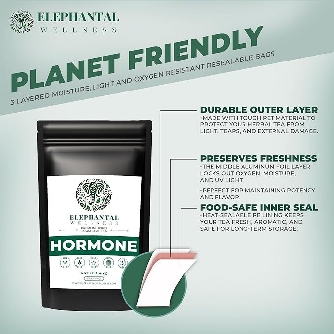 Elephantal Wellness Premium Hormone Herbal Tea | PCOS Hormonal Balance &amp Mood Support with Chaste Berry Shatavari Dong Quai &amp Black Cohosh | Handmade Non-GMO Caffeine-Free Loose Leaf Blen