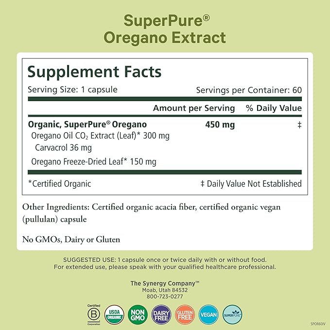 PURE SYNERGY SuperPure Oregano Extract | Oregano Oil Extract Capsules | Organic Oil and Leaf Supplement | for Immune Digestive and Respiratory Health (60 Capsules)