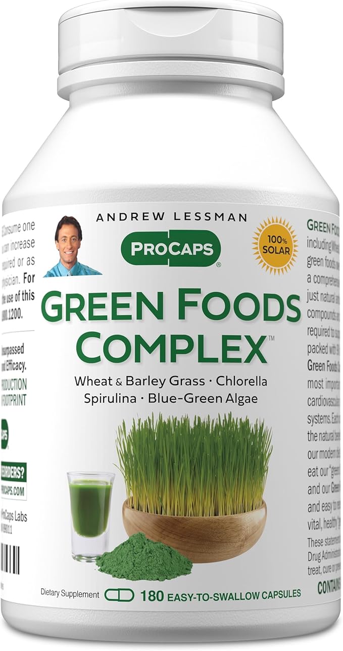 ANDREW LESSMAN Green Foods Complex 180 Capsules - Supplies Building Blocks for Healthy Tissue Growth Liver Support. 100 mg Each of Barley Grass Wheat Grass Blue Green Algae Chlorella Spirulina