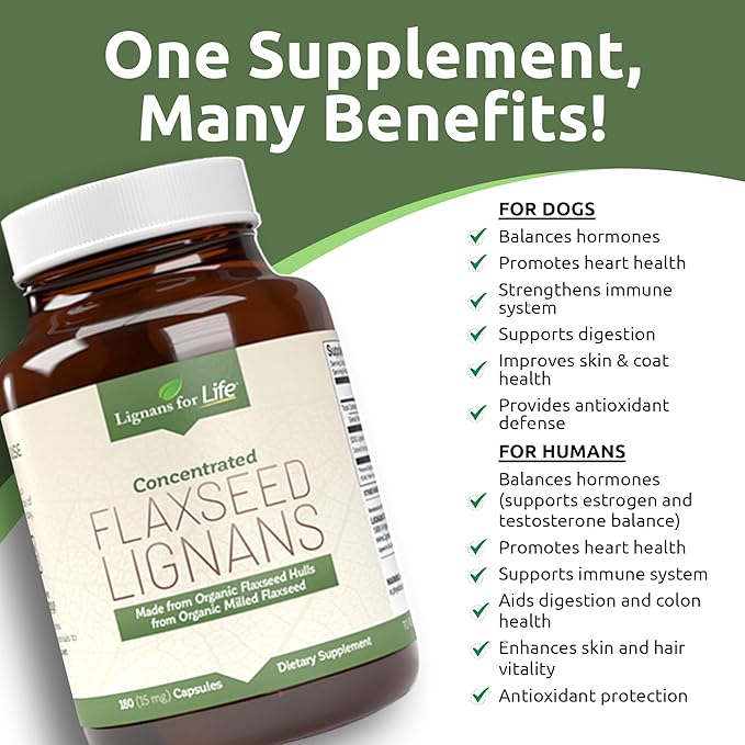 Lignans For Life Flaxseed Lignans for Dogs &amp People + SDG - Omega 3 Fatty Acids High Fiber Antioxidants - Improve Shiny Coat Digestive &amp Heart Health for Dogs 15mg 180 Flaxseed Capsules 1