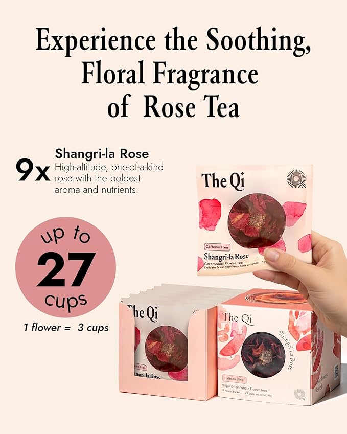 The-Qi Shangri-La Rose Blooming Flower Tea – The Qi 9 Pcs Handpicked Whole Rose Flowers – 100% All Natural Blooming Tea Gift Set for Inner Calm &amp Relaxation Caffeine-free – Makes 27 Cups