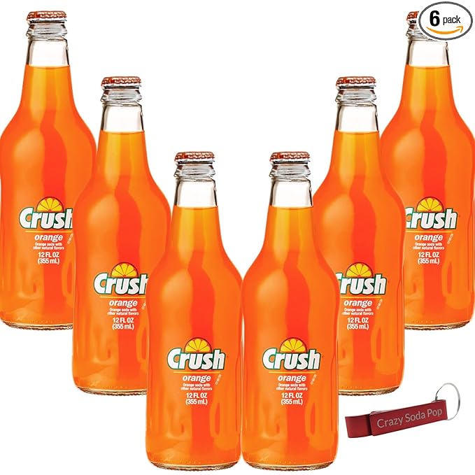 Crush Orange Soda | One of Crush’s Popular Soda Flavors | Real Cane Sugar | Caffeine Free | 12 oz Glass Bottles with Crazy Soda Pop Bottle Opener (6 Pack)