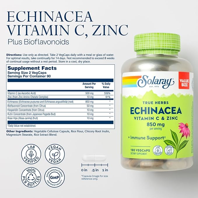 SOLARAY Echinacea with Vitamin C &amp Zinc – Immune Support Supplement – Echinacea Capsules with Vitamin C 500 mg Plus Bioflavonoids Vegan 60-Day Guarantee 90 Servings 180 VegCaps