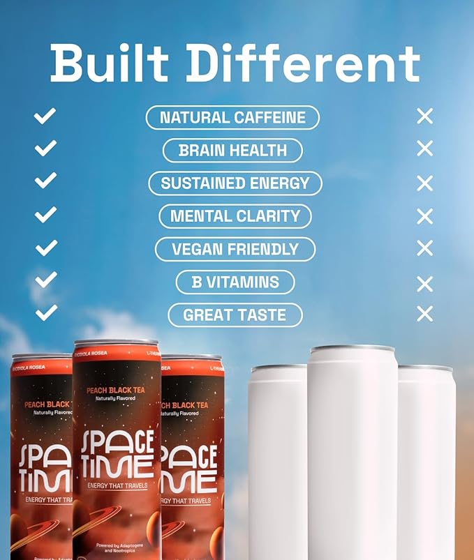 SpaceTime Productivity &amp Focus Energy Drink – Real Juice Infused Nootropic Drink with 50mg Organic Caffeine L-Theanine Rhodiola &amp B Vitamins – Clean Low-Caffeine Brain Boost – Peach Black T