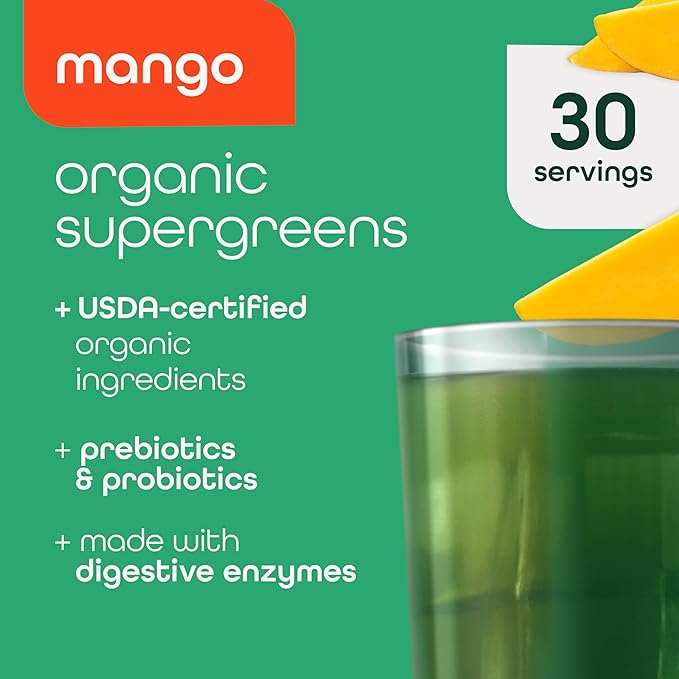 Zena Nutrition Liquid Collagen Peptides and Biotin Mixed Berry 20.3 Fl Oz + Organic Supergreens Greens Powder 70+ Superfoods Mango 30 Servings