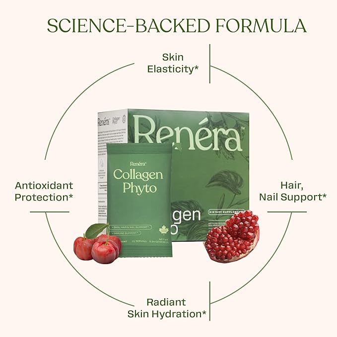 Renéra - Collagen Phyto Powder with Marine Collagen Peptides &amp Postbiotic Clinically Studied Ingredients for Healthy Skin Hair Nails and Immunity Healthy Aging Support* - 12 Packets