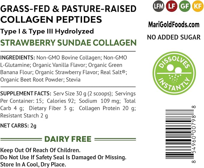MariGold Grass-fed Collagen Peptides Powder Strawberry Sundae 1LB - 100% Pure Type I &amp III Bovine Hydrolyzed Collagen Non-GMO Hormone Free Soy Free Gluten Free Dairy Free Keto-Friendly