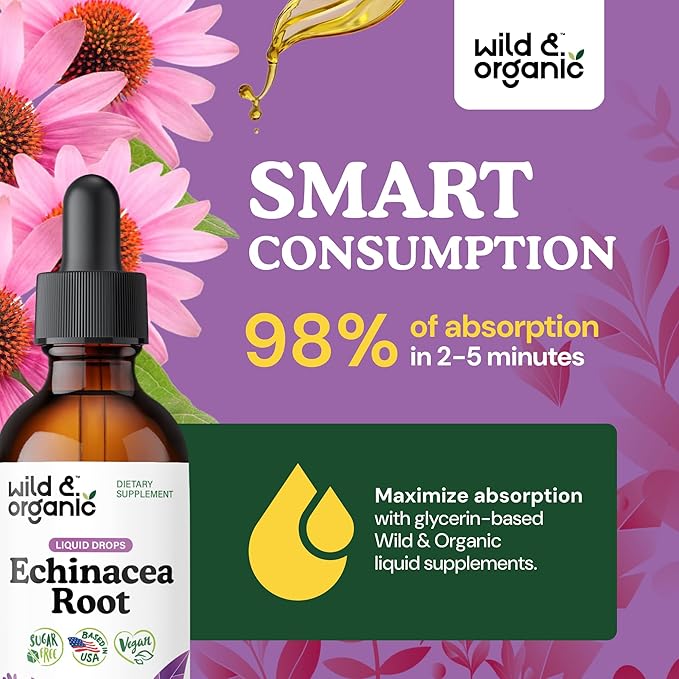 Wild &amp Organic Echinacea Tincture - Immune Support Drops with Liquid Echinacea Root Extract - Angustifolia Supplements - Vegan Sugar &amp Alcohol-Free - 2 fl oz