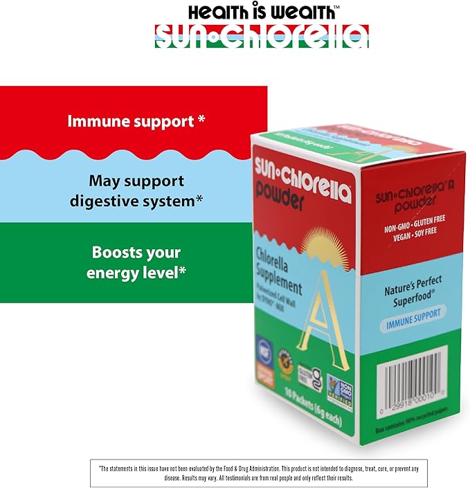 Sun Chlorella Powder Green Algae Superfood Supplement Supports Whole Body Wellness Immune Defense Gut Health &amp Natural Energy Boost - Chlorophyll B12 Protein - Non-GMO - 10 Servings