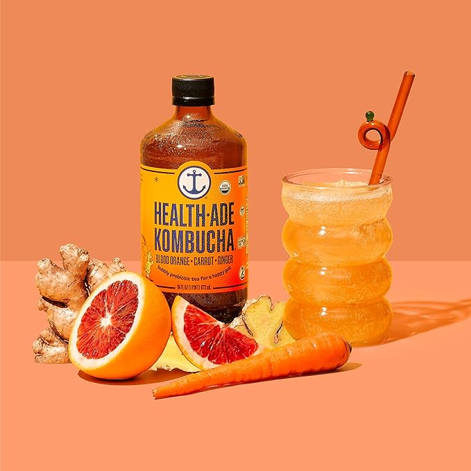 Health-Ade Kombucha Tea Organic Drink Fermented Tea with Living Probiotics Detoxifying Acids Supports Gut Health Non-GMO Vegan Gluten Free 12 Pack (16 Fl Oz Bottles) Blood Orange Carrot Ginger