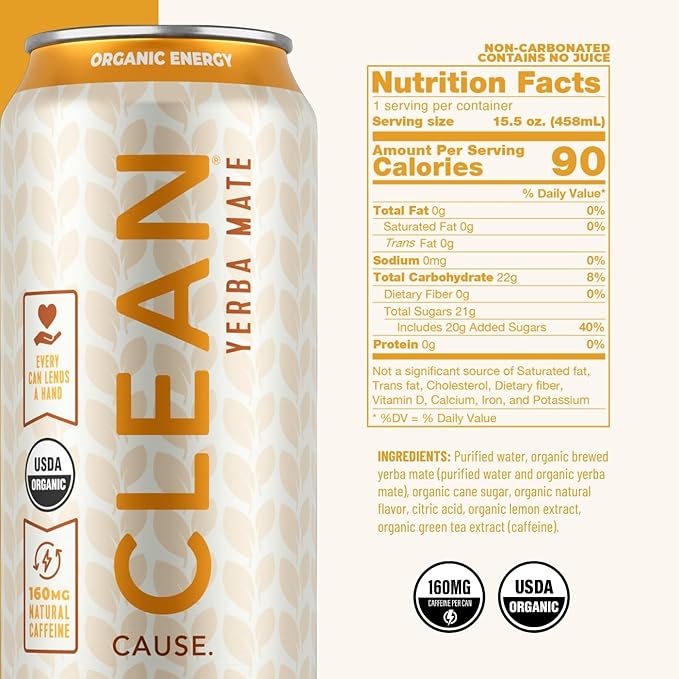 NEW! CLEAN Cause Lemonade &amp Tea and Peach USDA Organic Yerba Mate Tea (15.5oz cans 2-12-Pack Case) Non-Carbonated 160mg Caffeine