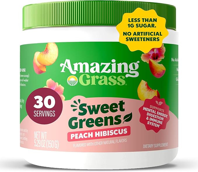 Amazing Grass Sweet Greens and Superfoods Powder for Digestive Health Greens Powder Digestive Enzymes Probiotics Spirulina Chlorella Peach Hibiscus 30 Servings