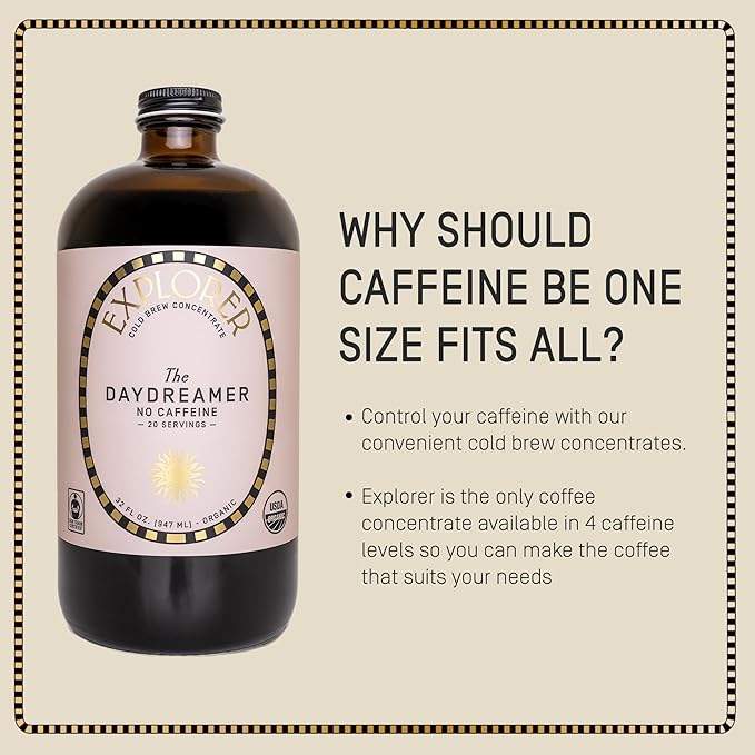 Explorer Cold Brew Organic Liquid Coffee Concentrate Daydreamer Decaf Drink Iced or Hot 32 fl oz Makes 20+ Cups