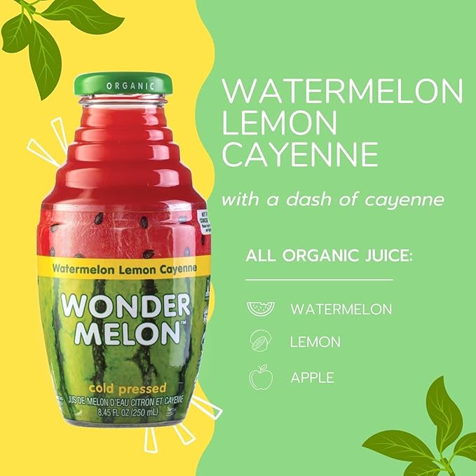 Wonder Melon Organic Watermelon Juice with Lemon &amp Cayenne 8.45oz (6 Pack) 100% Juice Cold Pressed