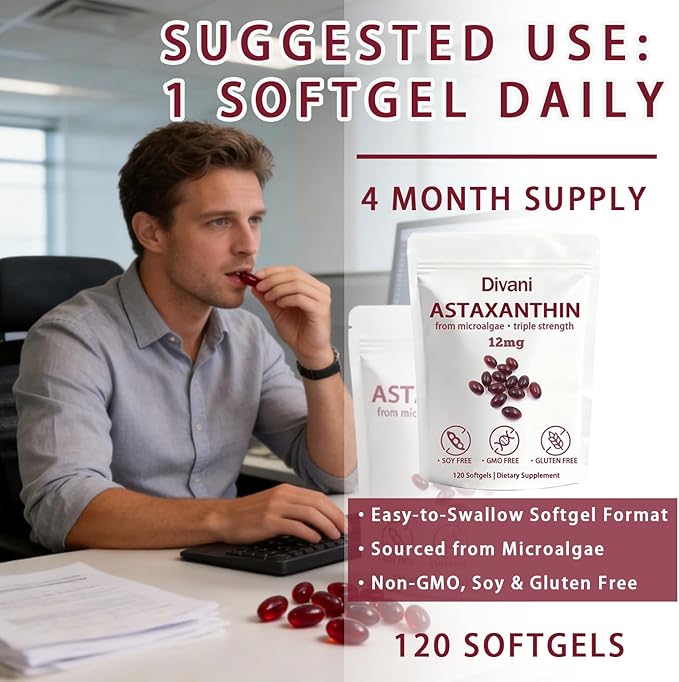 Cyano Divani Astaxanthin 12mg 4-Month SupplyEasy to Swallow Non-GMO120 Softgels