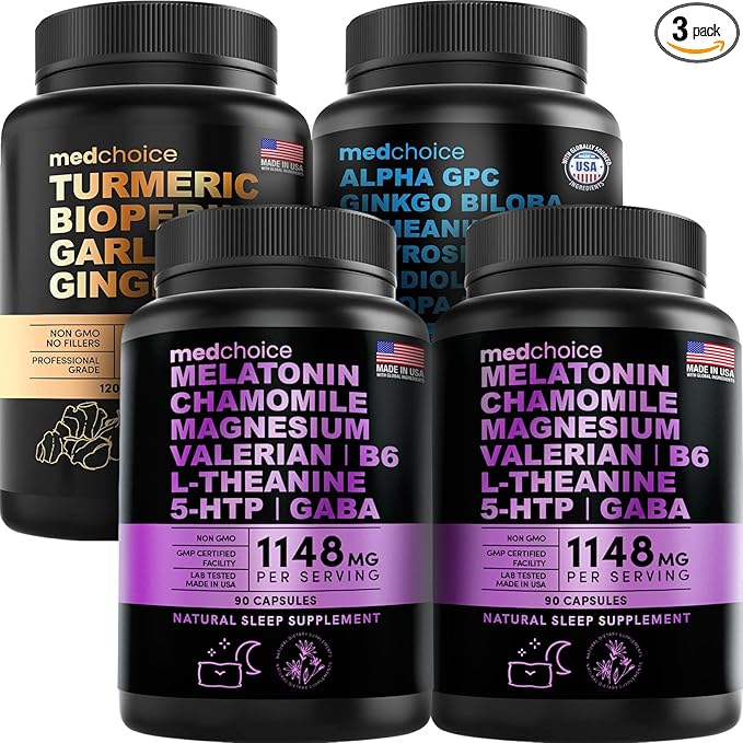MEDCHOICE Turmeric &amp Ginger (120ct) Sleep Melatonin (180ct) and Nootropic Brain (60ct) Supplement Bundle - Wellness Trio for Brain Sleep &amp Immune Support - Vegan Non-GMO Gluten-Free