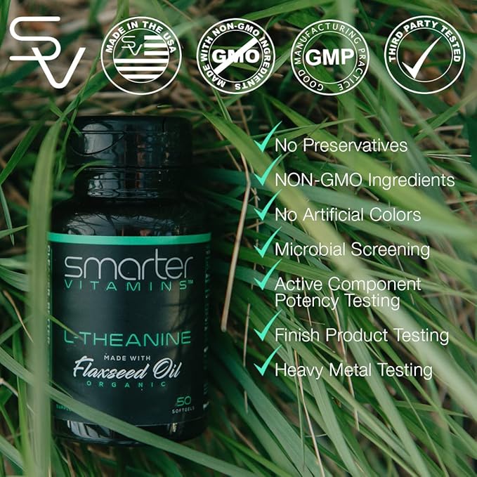 Smarter L-Theanine 250mg Supplement in Non-GMO Flaxseed Oil 50 Liquid Softgels
