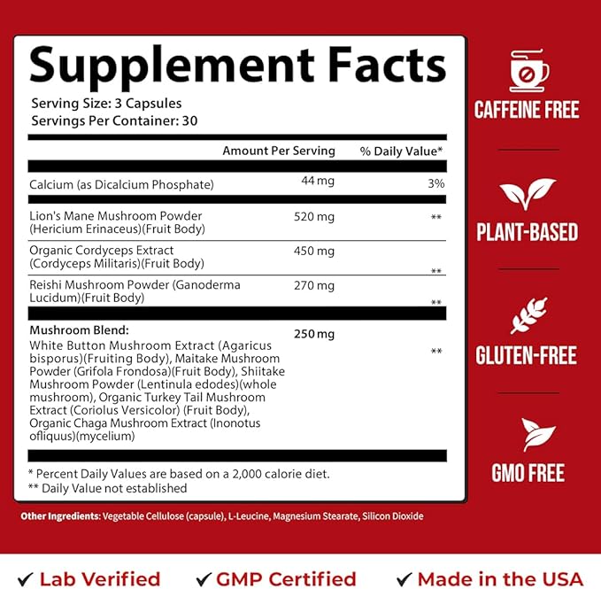 GOBIOTIX Focus Lion's Mane Supplement - Mushroom Complex - Nootropics Adaptogen Vitamins - Memory Clarity Energy Immune Support Cordyceps Reishi Chaga and Maitake - 90 Capsules
