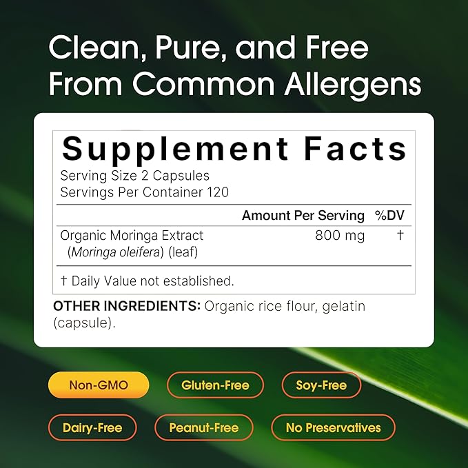 NatureBell Moringa - 240 Capsules - Organic Moringa for Immune Energy &amp Skin Health Support* - Green Superfood Properties