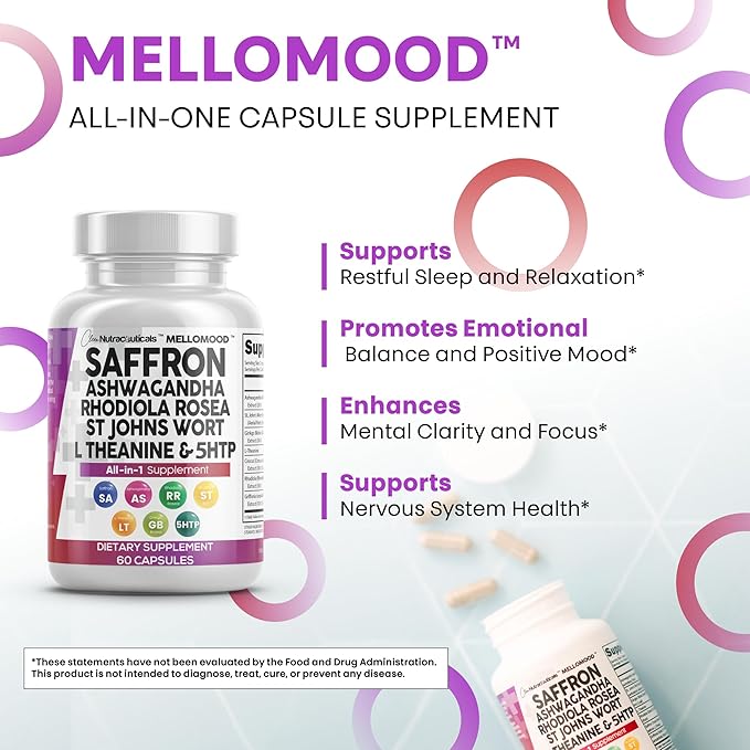 Clean Nutraceuticals Saffron Supplements Extract 100mg + Ashwagandha L-Theanine 200mg - Mood Support Ginkgo Biloba St. John's Wort Rhodiola Rosea &amp 5-HTP Capsules Pills Men Women (Pack of 2)