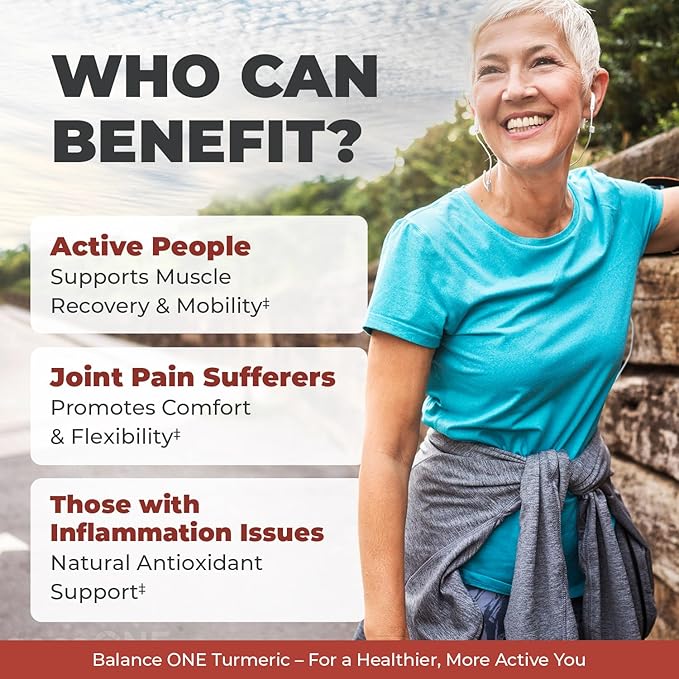 Balance ONE Turmeric Extract 1000mg with Max Strength 95% Curcuminoids - Turmeric Curcumin Supplement for Joint Comfort &amp Antioxidant Support - Ginger Extract and BioPerine - 1 Month Supply