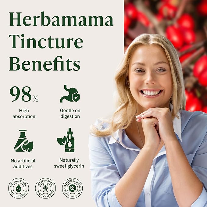 HERBAMAMA Berberine Liquid Drops - Vegan Antioxidant &amp Overall Support with Berberine HCL 500mg Extract Tincture - Non-GMO Alcohol &amp Sugar-Free Supplement 42-Day Supply