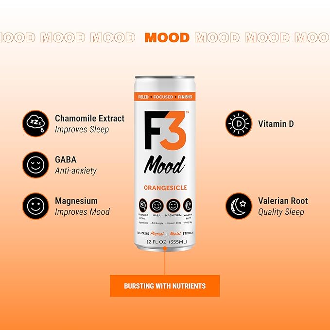 F3 Mood - Functional Sparkling Juice Drink with Powerful Nootropics to Reduce Stress BCAAs for Muscle Recovery and Chamomile &amp Valerian Root for Sleep - Caffeine Free (Orangesicle 12 Pack)