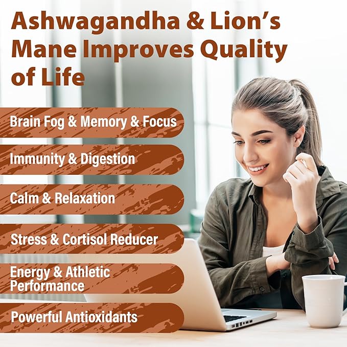 Ashwagandha &amp Lions Mane Supplement Capsules Brain Supplements for Memory and Focus Ashwagandha Supplement with Rhodiola &amp Black Peppe Cortisol Supplements for Women &amp Men90 Caps