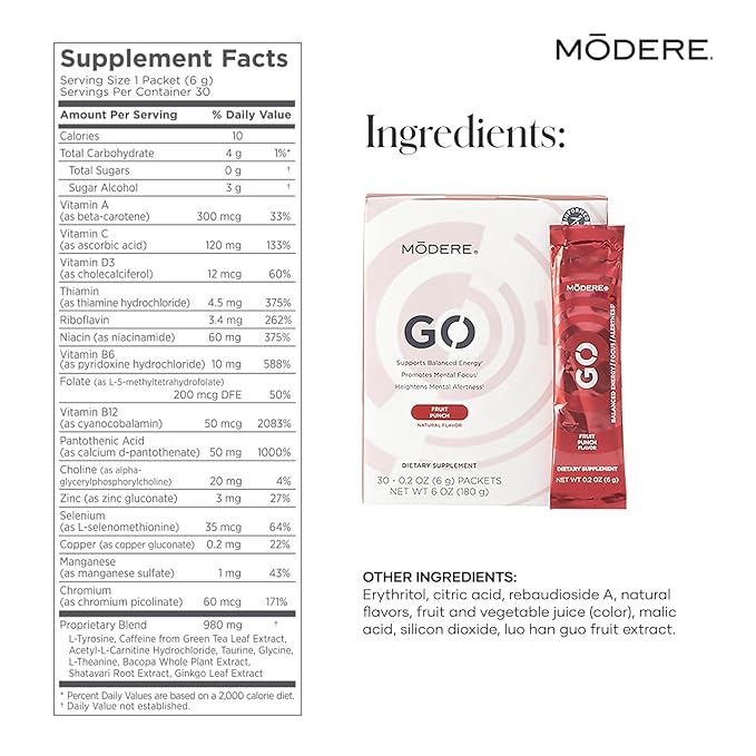 Modere GO Fruit Punch Energy Drink Mix - Refreshing Fruit Punch Flavor Easy to Mix Powder Stick Packs for On-the-Go Use Box - 30 Count