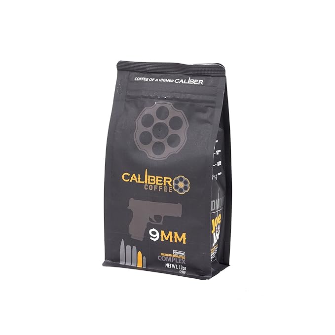 Caliber Coffee 9MM Ground Medium Roast – Complex Nutty Caramel Flavors – 100% Artisan Roasted Arabica Coffee – Small-Batch Hand-Crafted – Veteran Owned – 12oz Bag