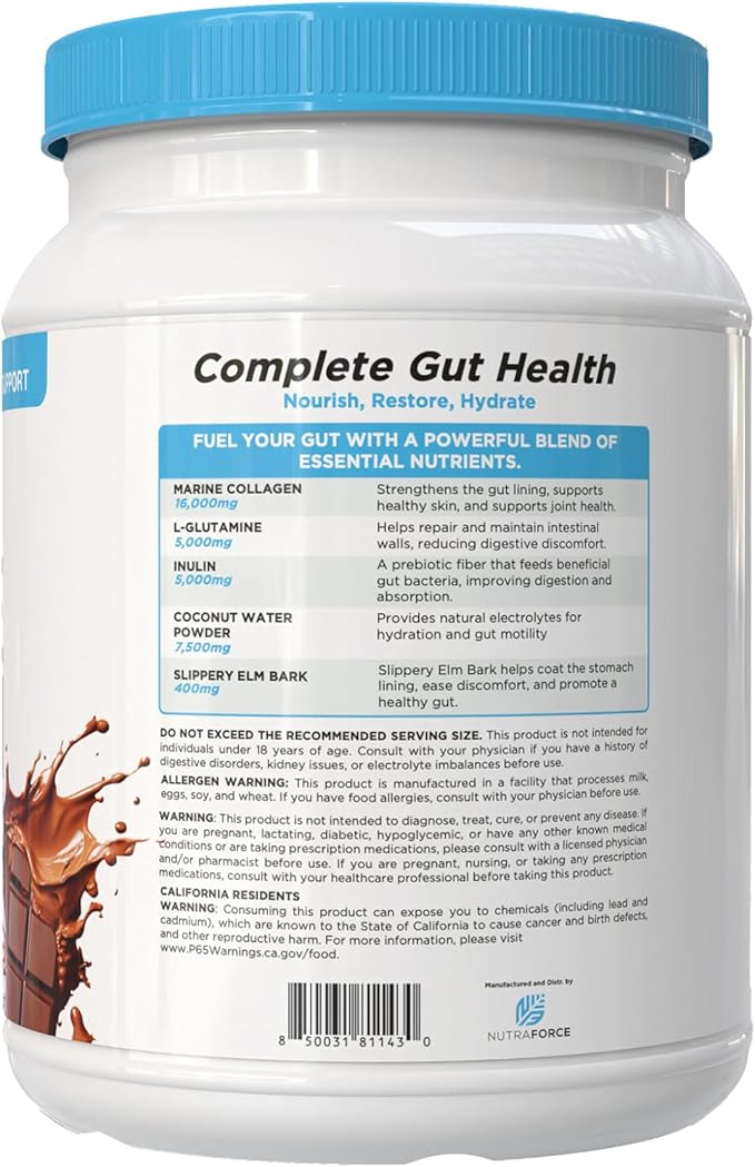 NutraForce Complete Gut Health Powder – Prebiotic Fiber &amp Marine Collagen Supplement with L‑Glutamine &amp Coconut Electrolytes upports Gut Lining Digestion Immune &amp Skin Health 2.2 lb (1