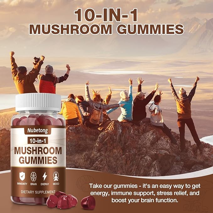 Mushroom Gummies - 10x Mushroom Supplement for Adults with Lion's Mane Reishi Chaga and Turkey Tail - Brain Booster Immune Support Stress Relief and Focus Support (2 Pack)