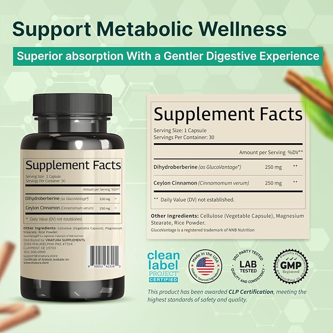 VINATURA Dihydroberberine Supplement with Ceylon Cinnamon 500mg - (Patented GlucoVantage Super Berberine) Maybe Berberine 5X More absorbable - 30 Capsules