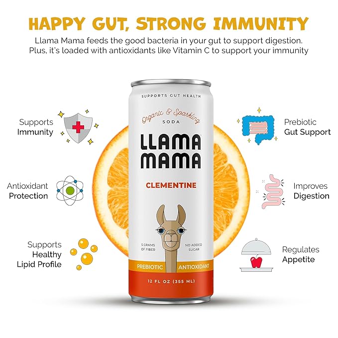 Llama Mama Clementine Organic Sparkling Prebiotic Soda • Gut &amp Immune Support • High Vitamin C Antioxidants • NO Sugar • NO Artificial Sweeteners • NO Stevia • Vegan Plant Fiber • 12 Pack