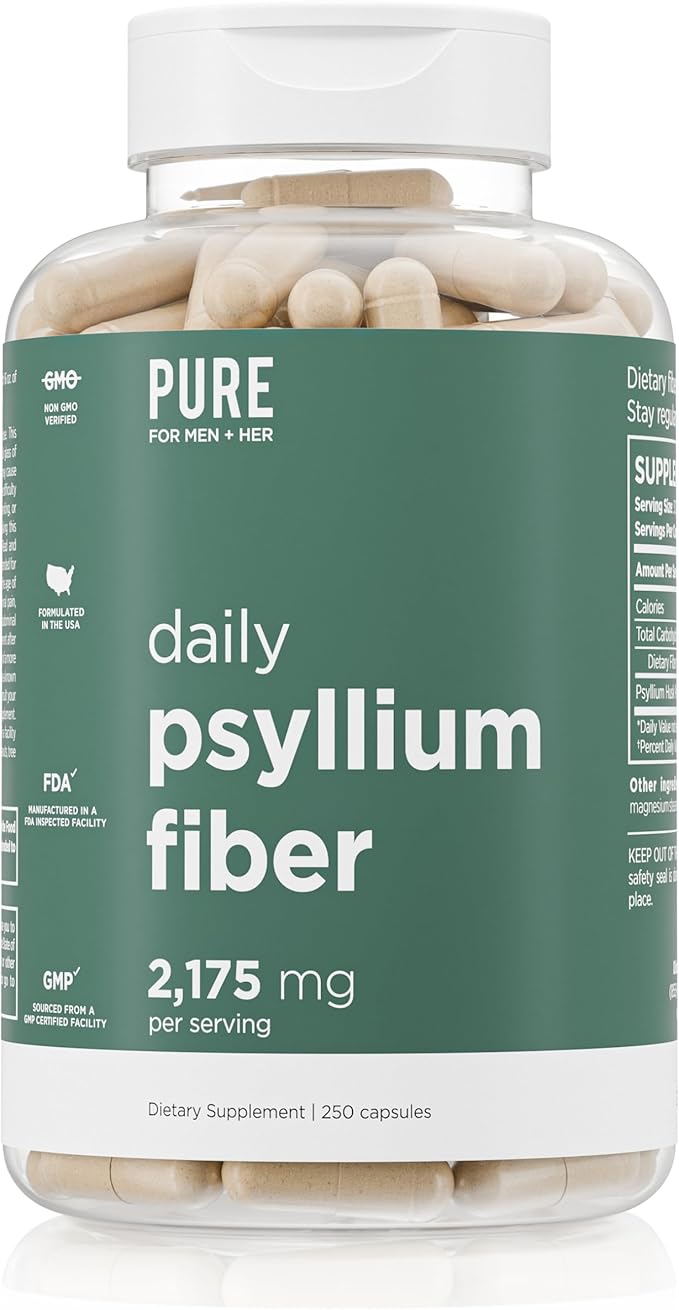Daily Psyllium Husk Fiber Supplement by Pure for Men &amp Pure for Her | Digestive Regularity &amp Gut Health Support | Soluble Fiber Powder 2175mg Per Serving | 250 Capsules