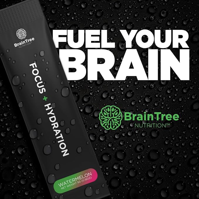 BrainTree Nutrition - Focus + Hydration - Electrolyte Drink Mix - Total Body Hydration - Supports Cognitive Function Energy &amp Muscle Recovery - Sugar Free - Watermelon - 30 Stick Packs