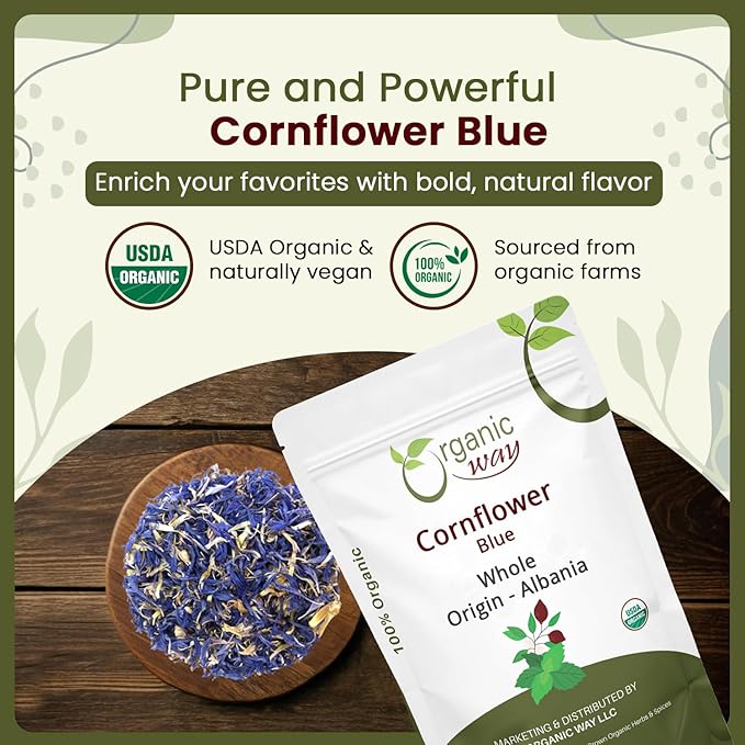 Organic Way Premium Cornflower Blue Whole (Centaurea Cyanus) - Herbal Tea | European Wild-Harvest | USDA &amp Kosher Certified | Vegan Non GMO &amp Gluten Free | Origin - Albania (8 Oz)