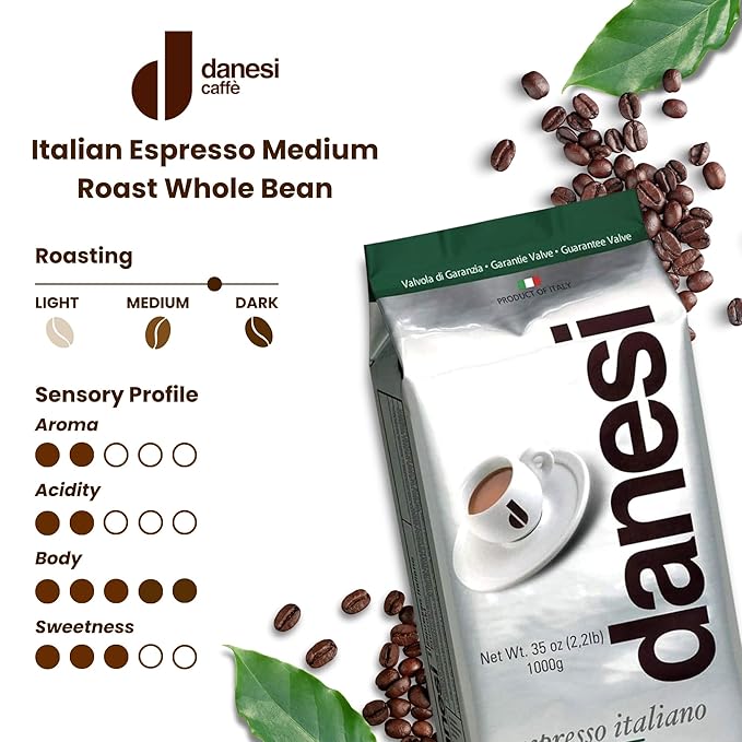 Danesi Caffe Italian Whole Coffee Beans - Espresso Coffee Beans and Medium Roast Whole Bean - Perfect for Espresso Machines French Press and Home Brewing - Emerald (2.2 lb)
