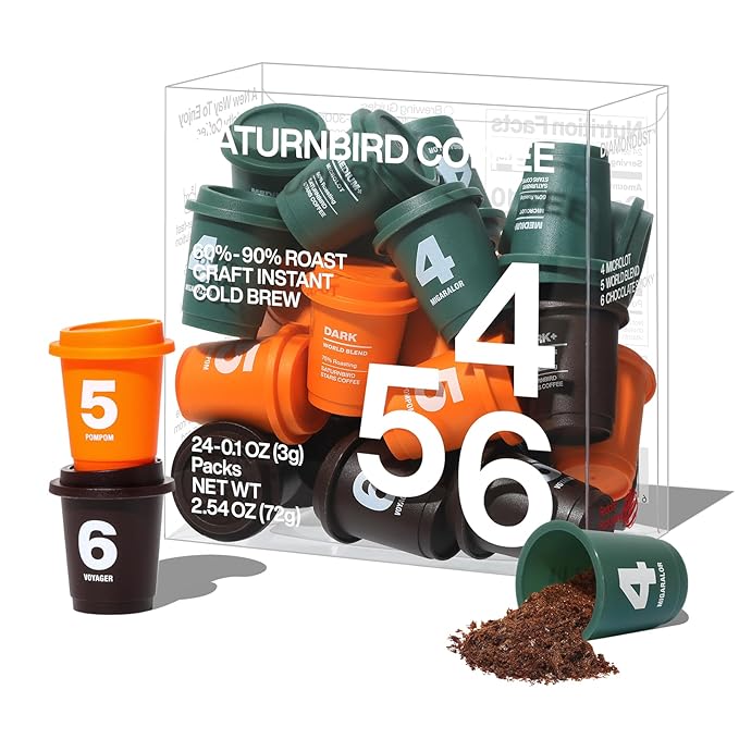 Saturnbird Instant Coffee Pods Medium/Dark Roast 100% Arabica Freeze-dried Coffee without Machine Brew with Hot/Cold Water or Milk 24 Count (NO.4-6 MIX)