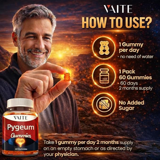 VAITE Pygeum Supplement Gummies 500mg - Vegan Chewables with Africanum Bark Extract Plant-Based Supplements for Male Non-GMO Gluten-Free Sugar-Free Gelatin-Free 60 Chews Gummy
