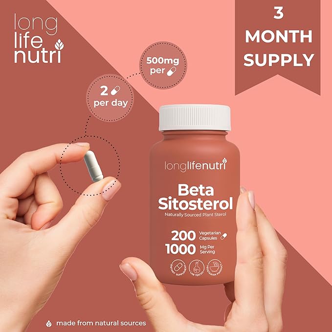LongLifeNutri Beta Sitosterol 1000mg - Phytosterols Supplement 200 Vegetarian Capsules Plant Sterols for Daily Wellness &amp Dietary Balance 100-Day Supply GMP Certified Made in USA