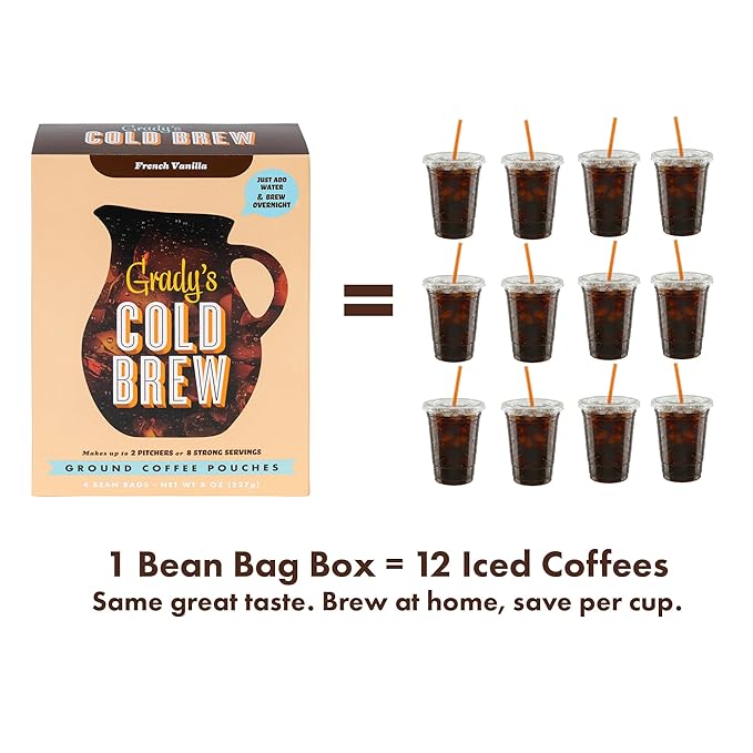 GRADY’S COLD BREW French Vanilla 100% Arabica Ground Coffee &amp Chicory Pouches ONE Box with 4 Easy-to-Brew Bean Bags Makes 12 drinks