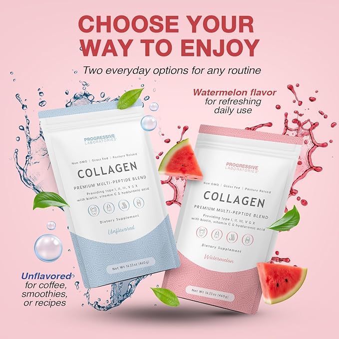 Multi-Type Collagen Powder (Watermelon) – Types I II III V &amp X for Skin Hair Nail &amp Joint Support – Multi Collagen Supplement With Biotin Vitamin C &amp Hyaluronic Acid – Grass-Fed Non