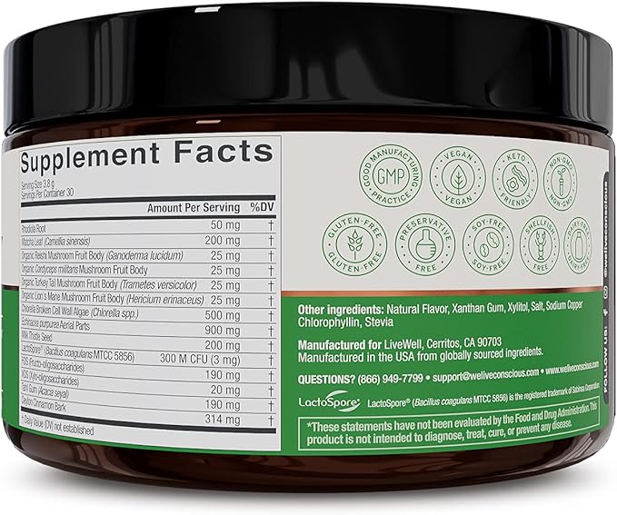 Live Conscious Beyond Greens Superfood Powder - Delicious Debloating Super Greens Powder - Matcha Greens Blend w/Chlorella Echinacea Probiotics for Immune Support &amp Energy