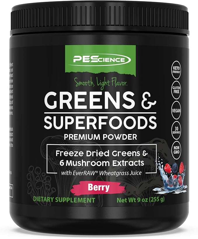 PEScience Greens Powder Superfood with Natural Chlorophyll Reishi &amp Turkey Tail Mushroom Powders Freeze-Dried Kale Spinach Broccoli Sprouts - Berry Flavor 30 Servings