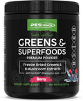 PEScience Greens Powder Superfood with Natural Chlorophyll Reishi &amp Turkey Tail Mushroom Powders Freeze-Dried Kale Spinach Broccoli Sprouts - Berry Flavor 30 Servings