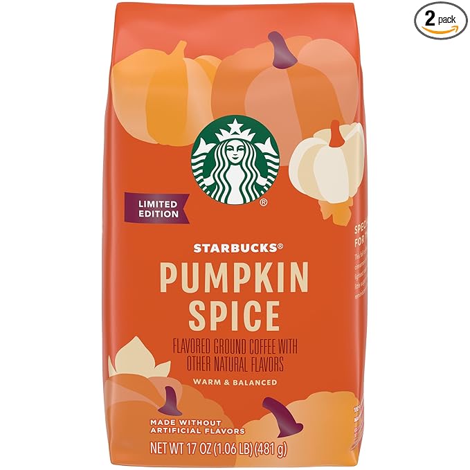 Starbucks Flavored Ground Coffee Pumpkin Spice Flavored Coffee Limited Edition Seasonal Ground Coffee Warm &amp Balanced Notes 17-Ounce Bag (Pack of 2)