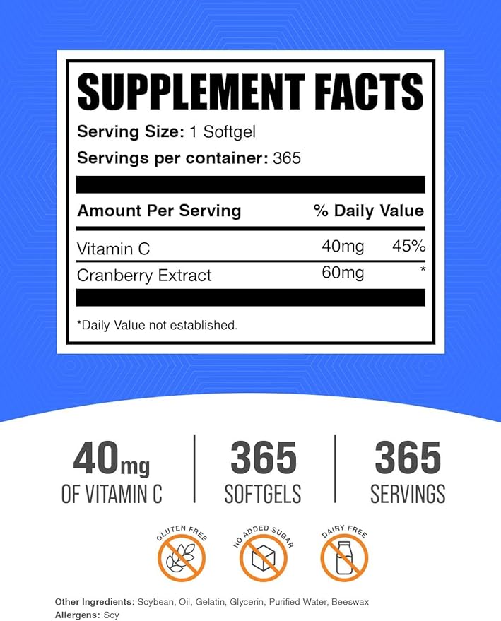 BulkSupplements.com Cranberry with Vitamin C Softgels - Antioxidants Supplement 40mg of Vitamin C - Gluten Free 1 Softgel per Serving 365 Count (Pack of 1)