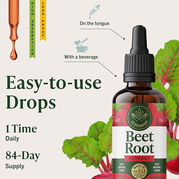 HERBAMAMA Beet Root Extract Drops - Vegan Tincture of Fresh Beets - Non-GMO Alcohol &amp Sugar-Free Supplements for Men &amp Women 84-Day Supply